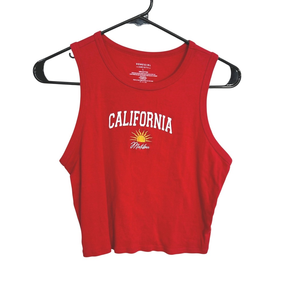 Coastal California Malibu Graphic Crop Tank Top Large Red Skater Indie Y2K